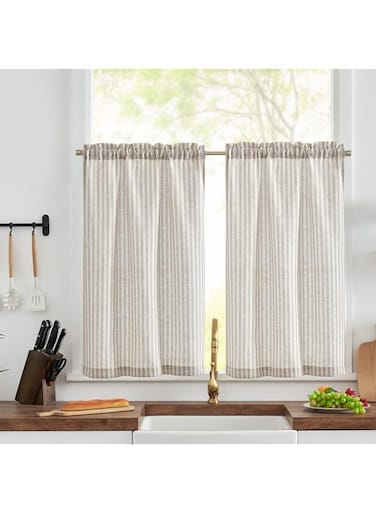 JINCHAN Linen Kitchen Curtains Striped Tier Curtains Ticking Stripe Curtains Pinstripe Cafe Curtains 24 Inch Length for Living Room Bathroom Farmhouse Rustic Curtains Rod Pocket 2 Panels Tan