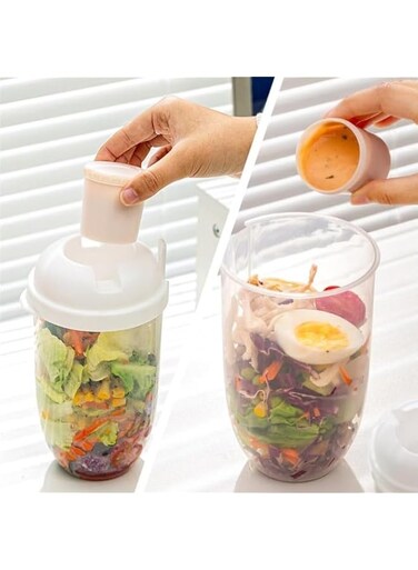 1000ml Salad Cup with Fork, Lid and Handle for Weight Loss, Portable with Space for Lamp (White)