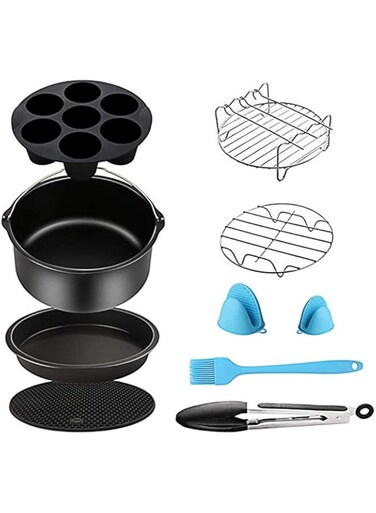 AROAEM Air Fryer Accessories for Cosori Ninja and Philips, Set of 5/9, Fit all 3.7QT - 5.3QT - 5.8QT,Non-stick Barrel/Pan + Metal Holder + Multi-Purpose Rack with Skewers and Silicone Mat (SET OF 9)