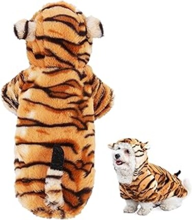 KASTWAVE Dog Tiger Costumes, Funny Pet Costumes Halloween Christmas Cosplay Dress Small Pet Cat Tiger Costume Animal Fleece Hoodie Warm Outfits Clothes (L)