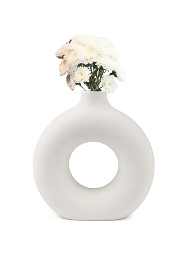TOMVAES White Ceramic Vase,Modern Circle Ceramic Vase,Minimalistic Round Hollow Flower Vases,Decor for Wedding Dinner Table Party Living Room Office Bedroom