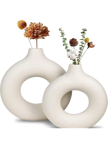 MACIUM White Ceramic Vases Set of 2, Modern Vase for Minimalist Decor, Round Matte Pampas Flower Vases, Minimalist Nordic Boho Ins Style for Home Wedding, Party, Room, able Shelf Decor (M)