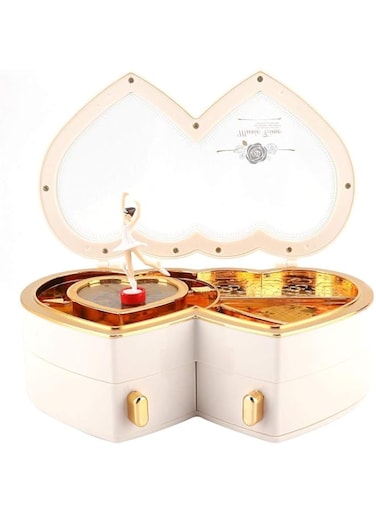 ELECDON Double Heart Ballet Music Box, Rotating Ballerina Peach Heart Romantic Clockwork Music Box, Creative Gift for Girls Girlfriends Women for Jewelry Storage Home Decoration Birthday Gift (White)