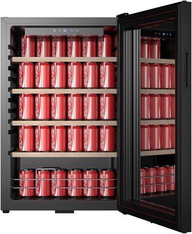 STAR TRACK Beverage Cooler, 115 Liters &ndash; Digital Control, Mirror Glass Door with Lock, Elegant Wooden Shelves, Blue Interior Light