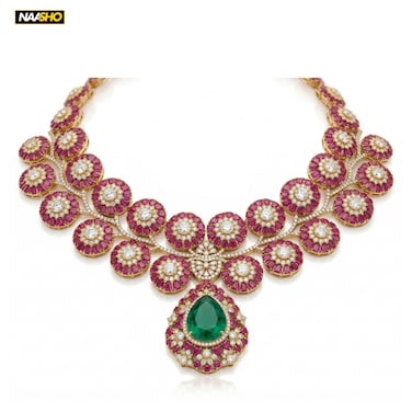 قلادة فاخرة من الزرقون والألماس بتصميم زهري مع تعليقة قطرة خضراء – مجوهرات عروس راقية