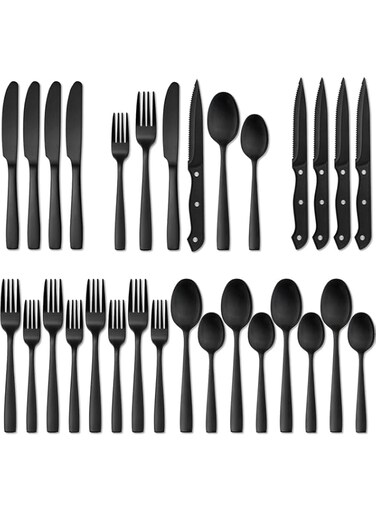 EGEN Silverware Set with Steak Knives, Stainless Steel Flatware Cutlery Set For Home Kitchen Restaurant Hotel, Kitchen Utens (Black 24 pcs)