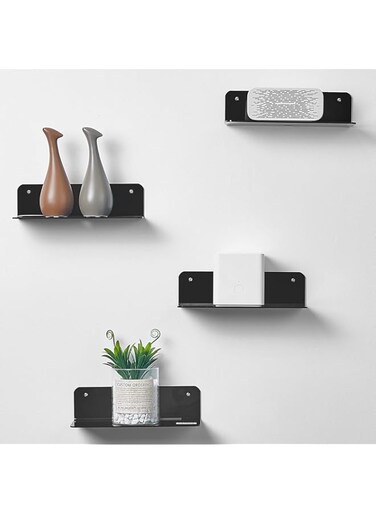 OAPRIRE Acrylic Small Floating Wall Shelves Set of 4, Flexible Use of Wall Space, Adhesive Small Wall Shelf for Security Cameras Smart Speaker, Action Figures with Cable Clips - Black, 9 Inch