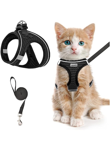 SALFSE Cat Harness and Leash for Walking Escape Proof, Adjustable Kitten Vest Harness Reflective Soft Mesh Puppy Harness for Outdoor, Comfort Fit, Easy to Control (Black, XS)