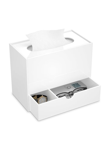 Acrylic Tissue Box Cover, Tissue Box Organizer, Rectangle Tissue Box Cover with Storage, Multifunctional White Tissue Box Cover for Bathroom, Bedroom, Dressers, Office