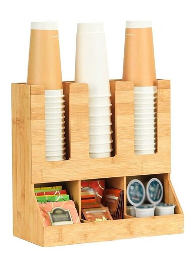 6 Compartments Condiment Rack Breakroom Accessories Caddy for K-Pods Snack Tea Bags Disposable Cups Bamboo Coffee Station Organizer 13.97 x 6.7 x 11.22 Inches