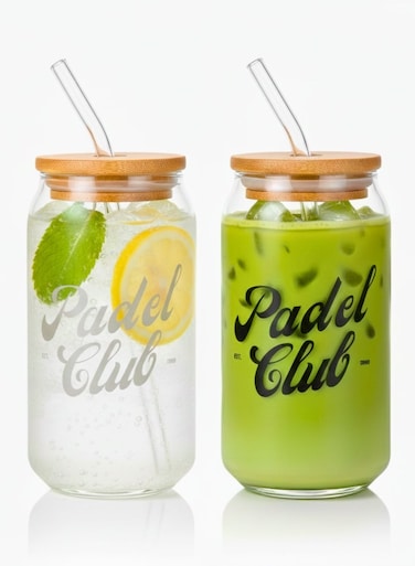 Set of 2 - 550 ML Borosilicate "Padel Club" Sipper Glasses with Bamboo Lids &amp; Glass Straws