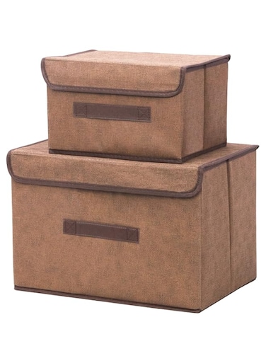 Swpeet 2pcs Brown Linen Foldable Storage Bins with Lids Kit, Large Collapsible Fabric Stroage Box, Stackable Storage Containers Closet Organizers for Home Office Storage