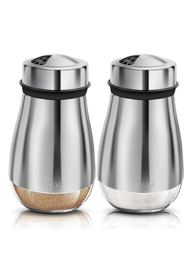 2pack Salt and Pepper Shakers Set,Salt Shaker With Adjustable Pour Holes,304 Stainless Steel &amp; Glass Salt Pepper Shakers,Refillable Spice Dispenser, For Pepper Salts Seasoning