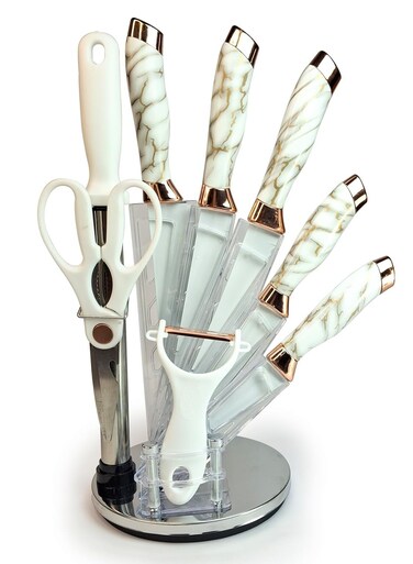 Professional 9-Piece Kitchen Knife Set with 360&Acirc;&deg; Rotating Acrylic Block - Ultra Sharp Stainless Steel Chef Knives, Non-Stick Coating, Sharpener &amp; Shears for Home Cooking.