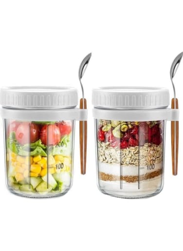 Overnight Oats Jars with Lid and Spoon,2 Pcs Airtight Oatmeal Container with Measurement Marks 350ml