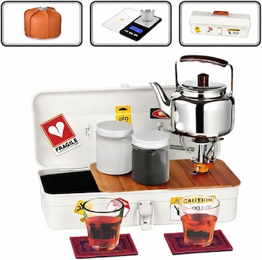 Portable Camping Tea Set with Metal Storage Box, Kettle, Mini Gas Stove &amp; Cups &ndash; Outdoor Tea &amp; Coffee Kit for Camping &amp; Desert Trips