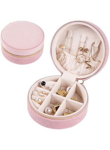 Terafeels Women Travel Jewellery Box Plush Velvet Travel Jewelry Box Organizer, Pink, 1702