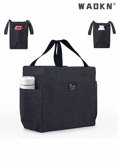 Insulated Lunch Bag with Dual Side Pockets, Thermal Lunch Tote Box Bag for Women Men and childern Lightweight for Work Picnic School Office,Ocean side, Outing, Fishing, Travel, Cooler Handbag Black