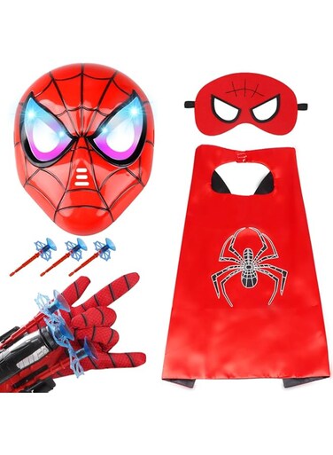 Kids Costumes for Spiderman, Super Hero Web Shooter for Kids, Spider Shooter Gloves Toy with Superhero Cape +LED Mask + Eye Mask, Spider Launcher Wrist Toys Costume Cosplay Super Hero Toys Gift