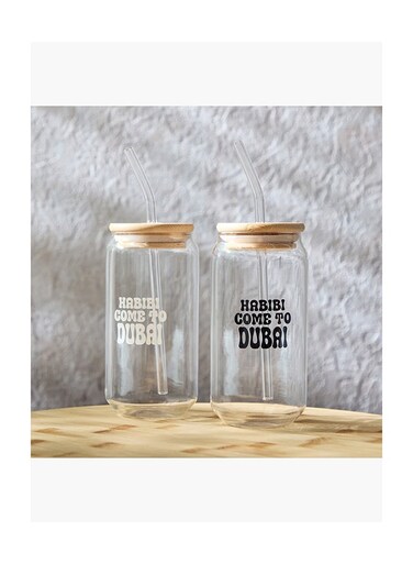 Box Zen Borosilicate 4-Piece Habibi Come To Dubai Mason Jar with Straw Set -