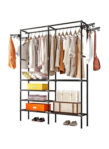 6-Tier Heavy Duty Metal Clothes Hanger Rack with 2-Hanger and Hooks, Semi-Open Area for Easy Access, Thickened Non-Woven Fabric &amp; Reinforced Plastic Joints, No Tools Required, 108 * 36 * 170 cm