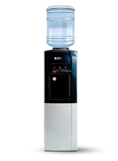 SPJ 16L Top Load Water Dispenser with Refrigerator Cabinet, Hot Cold &amp; Normal Water, SS304 Stainless Steel Tank, Child Safety Lock, 3 Taps, Floor Standing Water Cooler, Black &amp; Silver