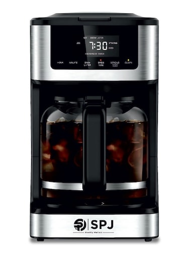 SPJ 12-Cup Drip Coffee Maker with Glass Carafe &ndash; Hot &amp; Iced Brew Coffee Machine, Touch Screen Control, Anti-Drip System, Self-Clean, Auto Shut-Off &ndash; 1.8L Coffee Machine for Home &amp; Office (Silver &amp; Black)