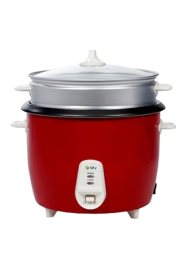 SPJ Electric Rice Cooker 2.2L 1071W with Steamer, Non-Stick Aluminum Pot, Automatic Keep Warm Function &amp; Glass Lid, Red