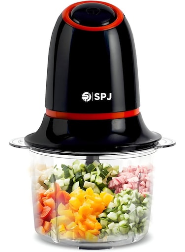 SPJ 1.2L Electric Food Chopper 300W with Glass Bowl, 4-Blade Stainless Steel Meat &amp; Vegetable Grinder, One-Touch Operation, Full Copper Motor, Black &amp; Orange
