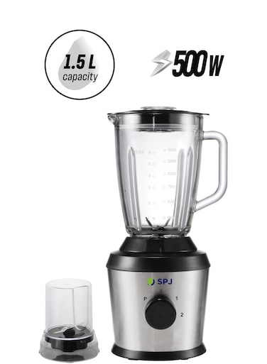 SPJ 500W Blender &amp; Grinder with 1.5L Glass Jar, Stainless Steel 6-Blade System, 50g Grinding Cup, 2 Speeds + Pulse Control, Copper Motor