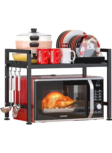 SKY- TOUCH Extendable Microwave Oven Rack, 2 Tier Metal Microwave Shelf Stand, Desktop Printer Shelf Rack Adjustable Shelf Heavy Duty, 2-Tier with 6 Hooks,57lbs Weight Capacity