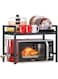 SKY- TOUCH Extendable Microwave Oven Rack, 2 Tier Metal Microwave Shelf Stand, Desktop Printer Shelf Rack Adjustable Shelf Heavy Duty, 2-Tier with 6 Hooks,57lbs Weight Capacity