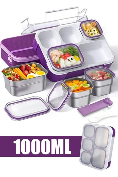 Lunch Box for School 1000ml Stainless Steel Leak-Proof Lunch Box 5 Grids Food Container Lunch Box Bring Lunch Bag Cutlery Spoon Bento Box for Kids and Adults-Food Safe Materials (Purple 1000ml)