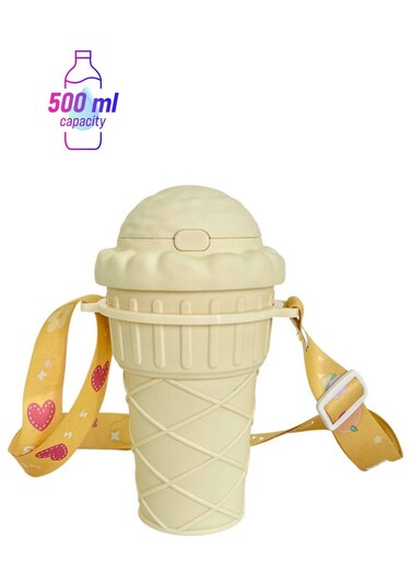 Children Ice Cream Water Bottle with Straw, Leak-Proof Silicone, Reusable with Strap, 500ml,Cream