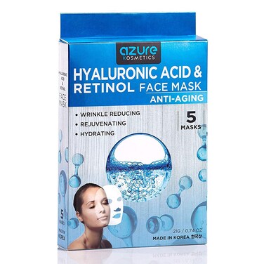 AZURE Hyaluronic Acid &amp; Retinol Anti Aging Facial Mask - Dermatologist Tested - Rejuvenating &amp; Hydrating Face Mask - Helps Reduce Fine Lines &amp; Wrinkles, Smooths &amp; Repairs - Korean Skin Care - 5 Pack