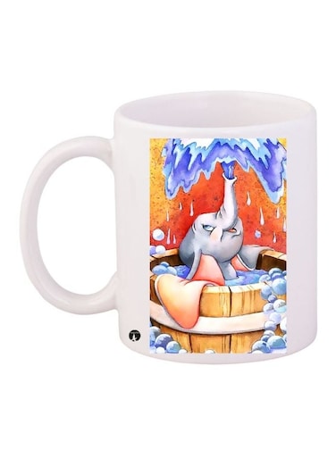Baby Elephant Printed Coffee Mug White/Blue/Orange 11ounce