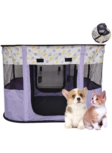 Emopaw Foldable Pet Playpen, Portable Dog Cat Rabbit Pig Puppy Playpen, Fabric Pet Kennel Fences Cat Delivery Room Indoor/Outdoor with Carrying Case (M (80 x 60 x 55 cm), Purple)