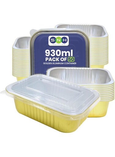 SNH Packing 50 Pcs Disposable Aluminum Foil Container with Lids Gold Large Aluminum Foil Baking Pans Tray - Heavy Duty Tin Tray Food Containers for Storing, Baking &amp; Cooking 930 Cc/ml (Pack of 50)