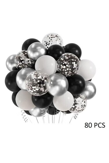Pack of 80 PCS White Black Metallic Silver Confetti and Chrome Balloons for Birthday Anniversary and Graduation Party Decoration