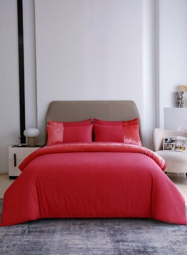 Home Premium 6 Pieces King Size Duvet Cover With Velvet Decor Red