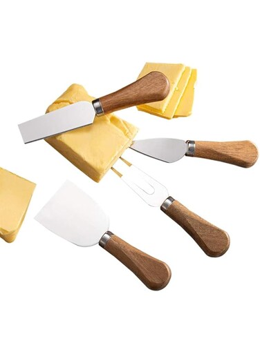 Candeer Cheese Knives with Bamboo Wood Handle, Stainless Steel Cheese Knife, Cheese Shaver, Cheese Fork and Cheese Spreader, Sharp Butter Knife and Spatula for Cake Cutlery (4 Piece)