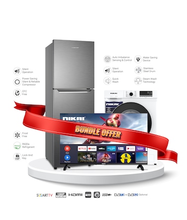 Nikai Bundle 300L Double Door Refrigerator (NRF310FSS) + 7kg FL Fully Automatic Washing Machine (NWM701FN9) + 42 Inch Smart TV (NTV4300SLED) 113 W NRF310FSS+NWM+NTV Silver