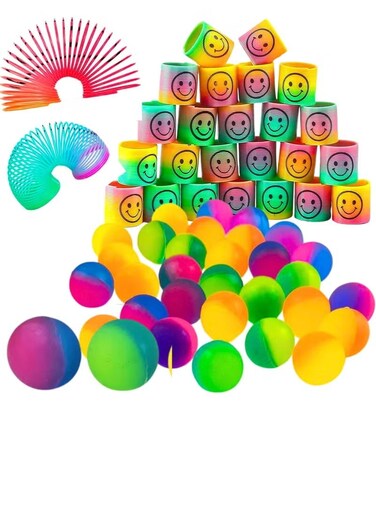 Party Favors For Kids (24 Bouncy Balls &amp; 12 Smiley Face Rainbow Spring) , party supplies Bouncy Balls For Kids Return Gifts For Birthday Party and Colorful Rainbow Smiley Face Rainbow Spring