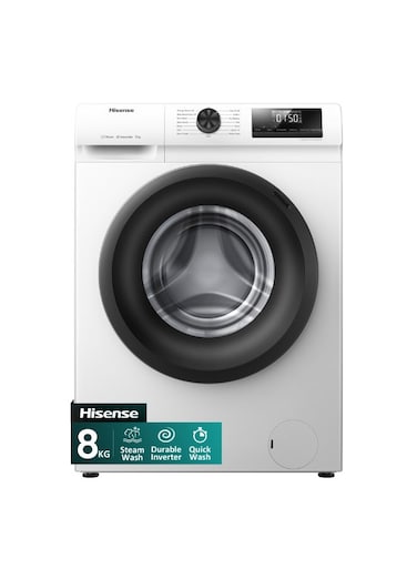 Hisense 8KG Front Load Washing Machine 1200RPM Steam Wash,Durable Inverter,Quick Wash,Self Diagnosis, Drum Clean,Delay End WFSQ8012VMW White