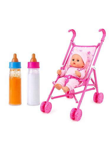 Baby Doll Stroller Set with Doll and Accessories &ndash; Foldable Toy Pram with 2 Doll Bottles, Pretend Play Kids Toy, Pink