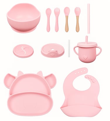Factory Price Nora 12 Pieces Baby Feeding Tableware Set - Cow Pink