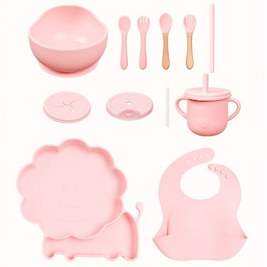 Factory Price Nora 12 Pieces Baby Feeding Tableware Set - Lion Pink