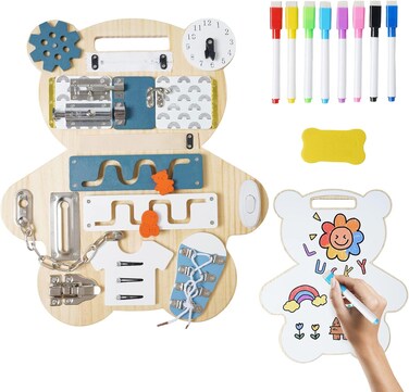 Factory Price 14-in-1 Bear-Shaped Wooden Busy Board with Double-Sided Drawing Panel