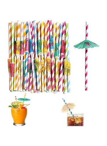 SYOSI 100-Piece Paper Straws &ndash; 3D Umbrella Drinking Straws, Hawaiian Tropical Party Decorations, Creative Luau Birthday &amp; Summer Beach Party Straws