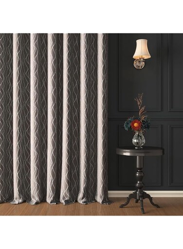 Story@Home 215 Cm Faux Silk Curvy Line Dot Pattern 100% Blackout Foil Grommet Door Curtain, Grey, 1 Piece